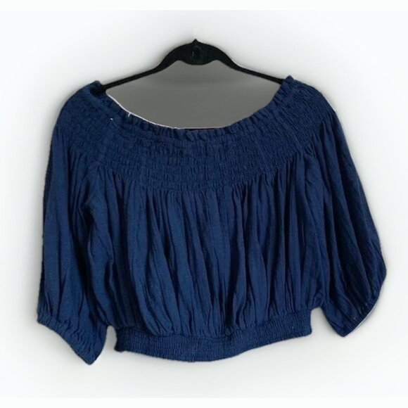 Free People We The Free Navy Smocked Peasant Top Sz XS Boho Cottagecore Festival - Picture 10 of 10